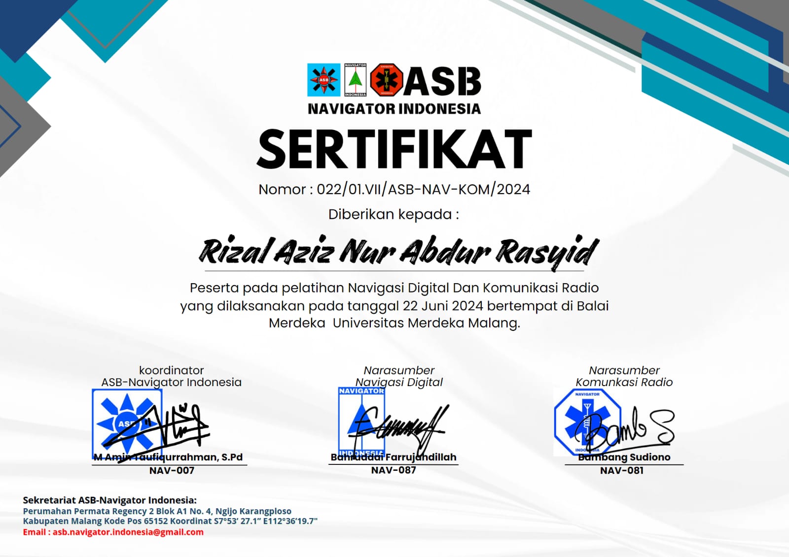 Sertifikat ASB Navigator Indonesia