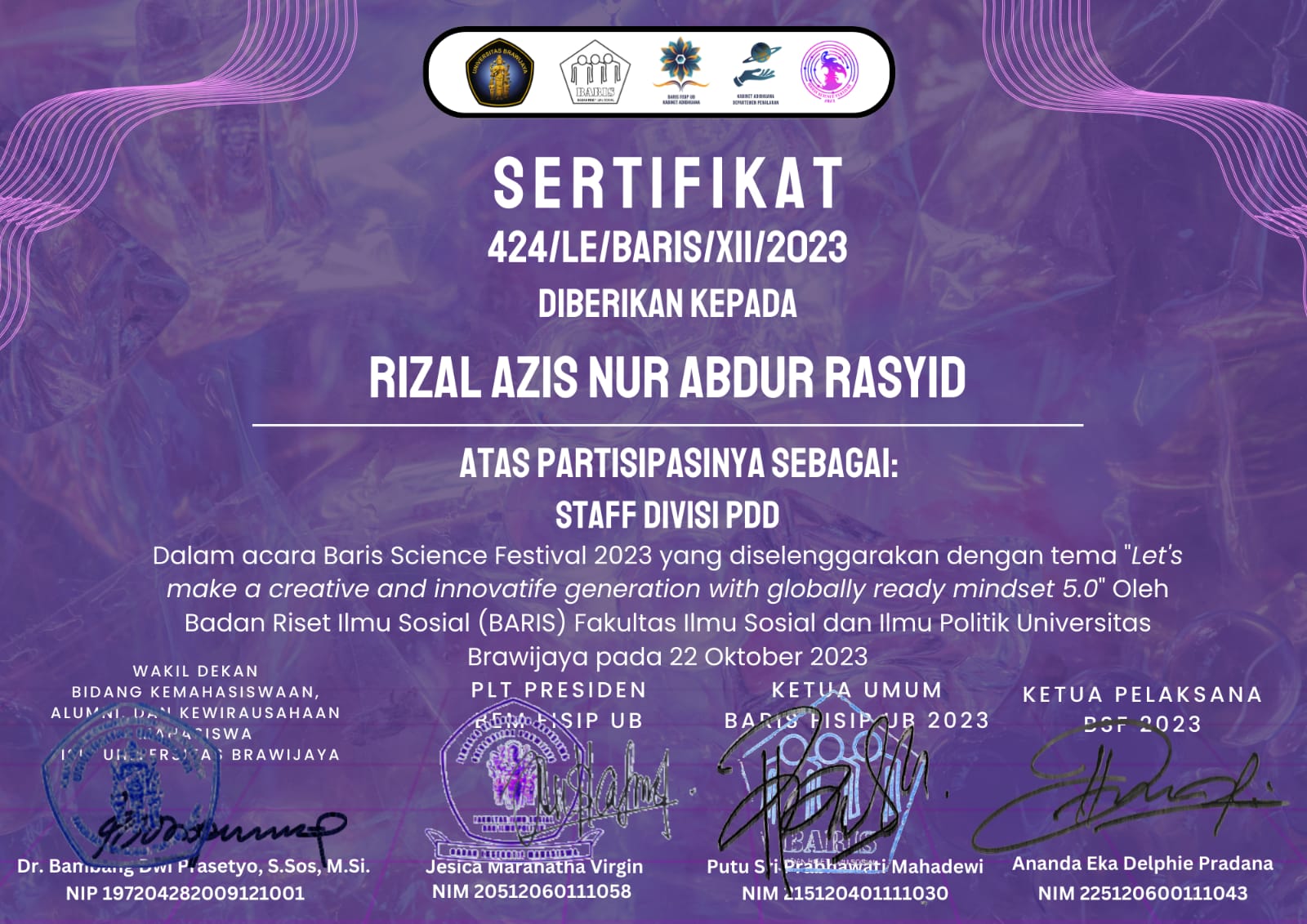 Sertifikat Staff PDD Baris Science Festival