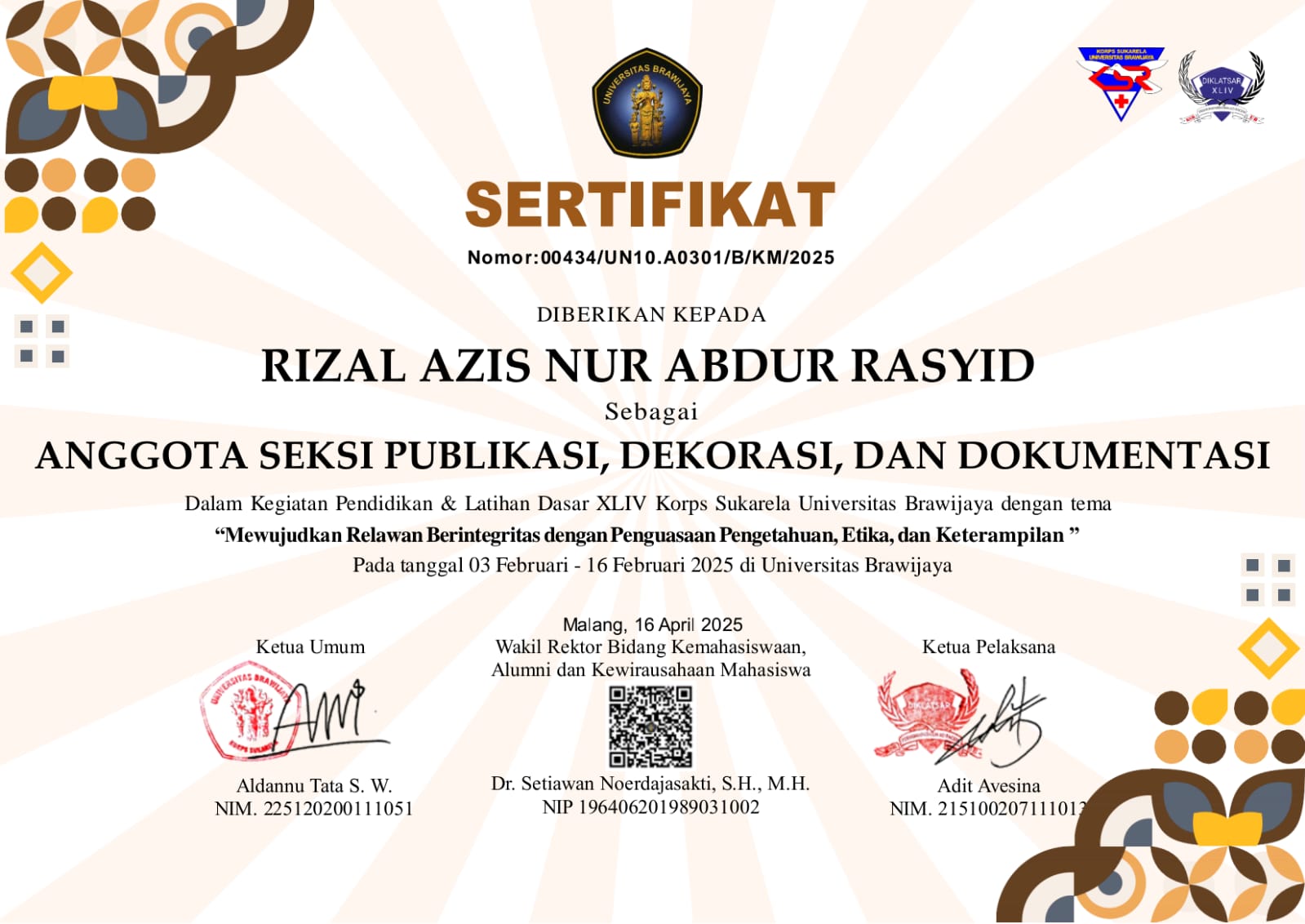 Sertifikat Pubdok DIKLATSAR XLIV KSR UB