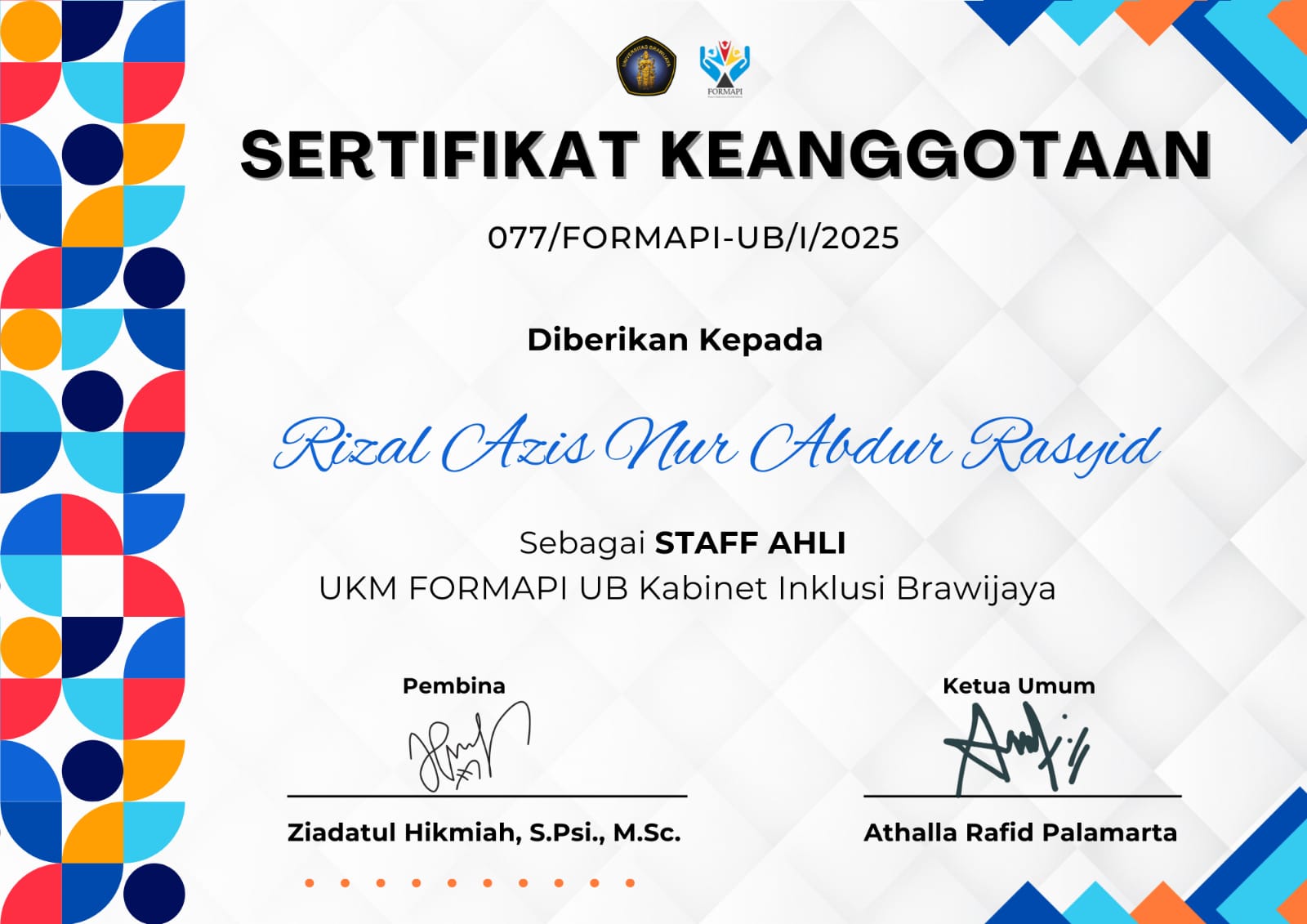 Sertifikat Staff Ahli FORMAPI UB