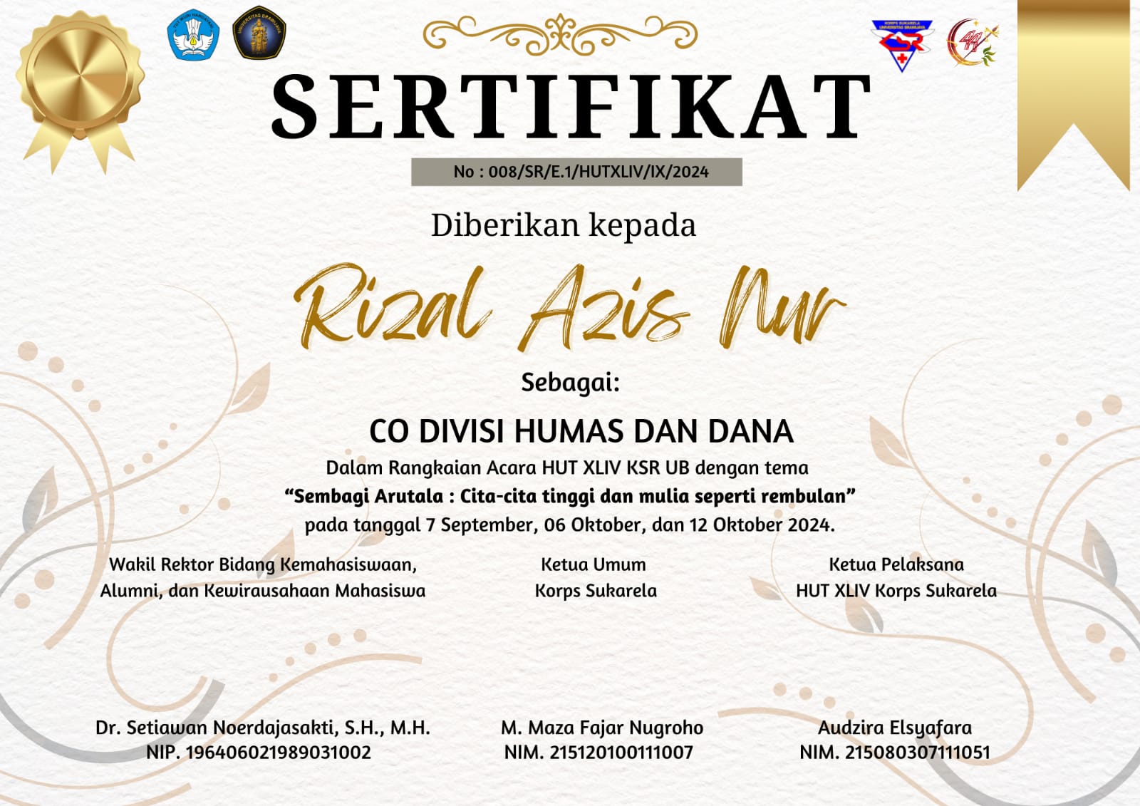 Sertifikat Co-Divisi Humas KSR 44