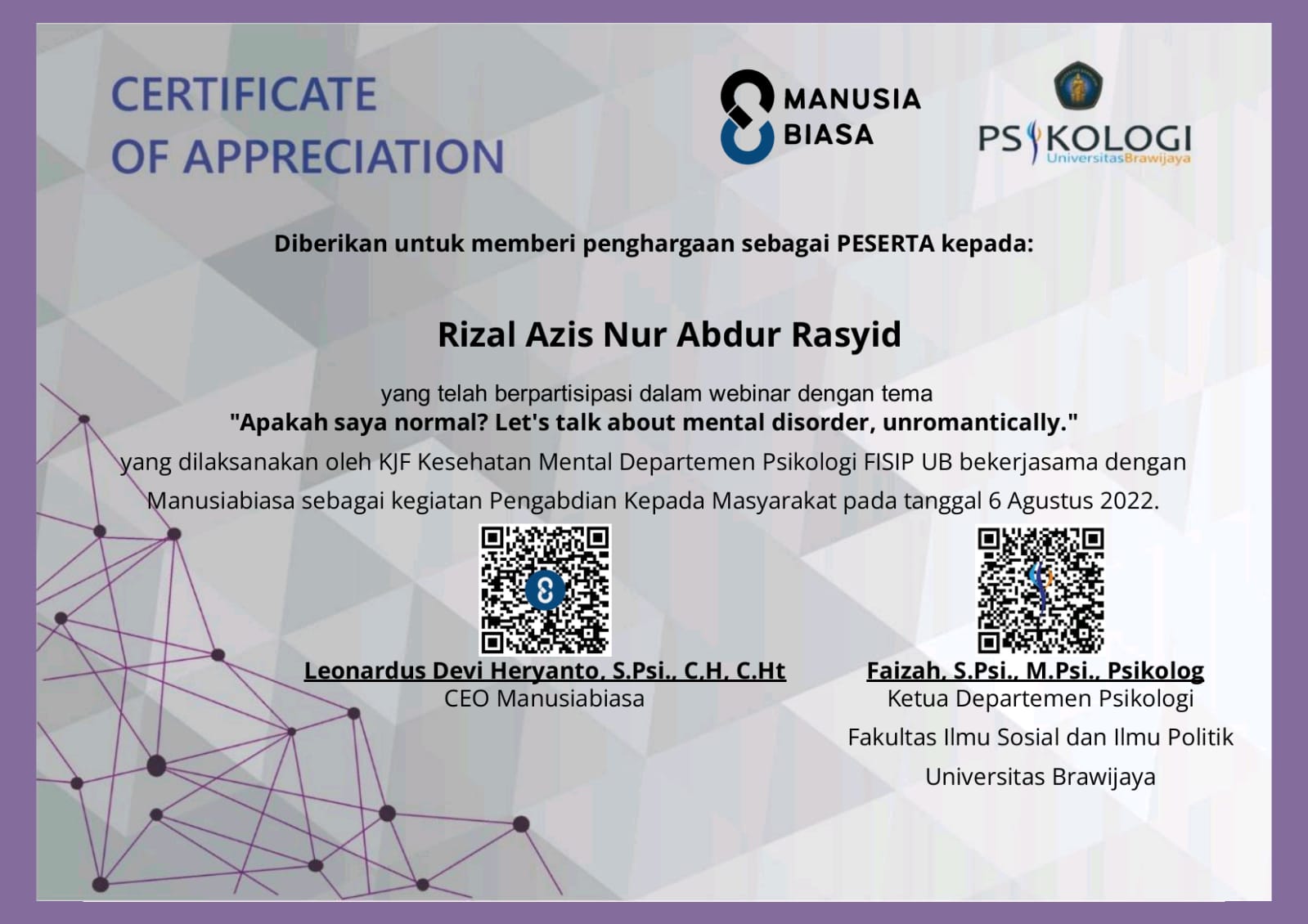 Sertifikat Webinar Kesehatan Mental