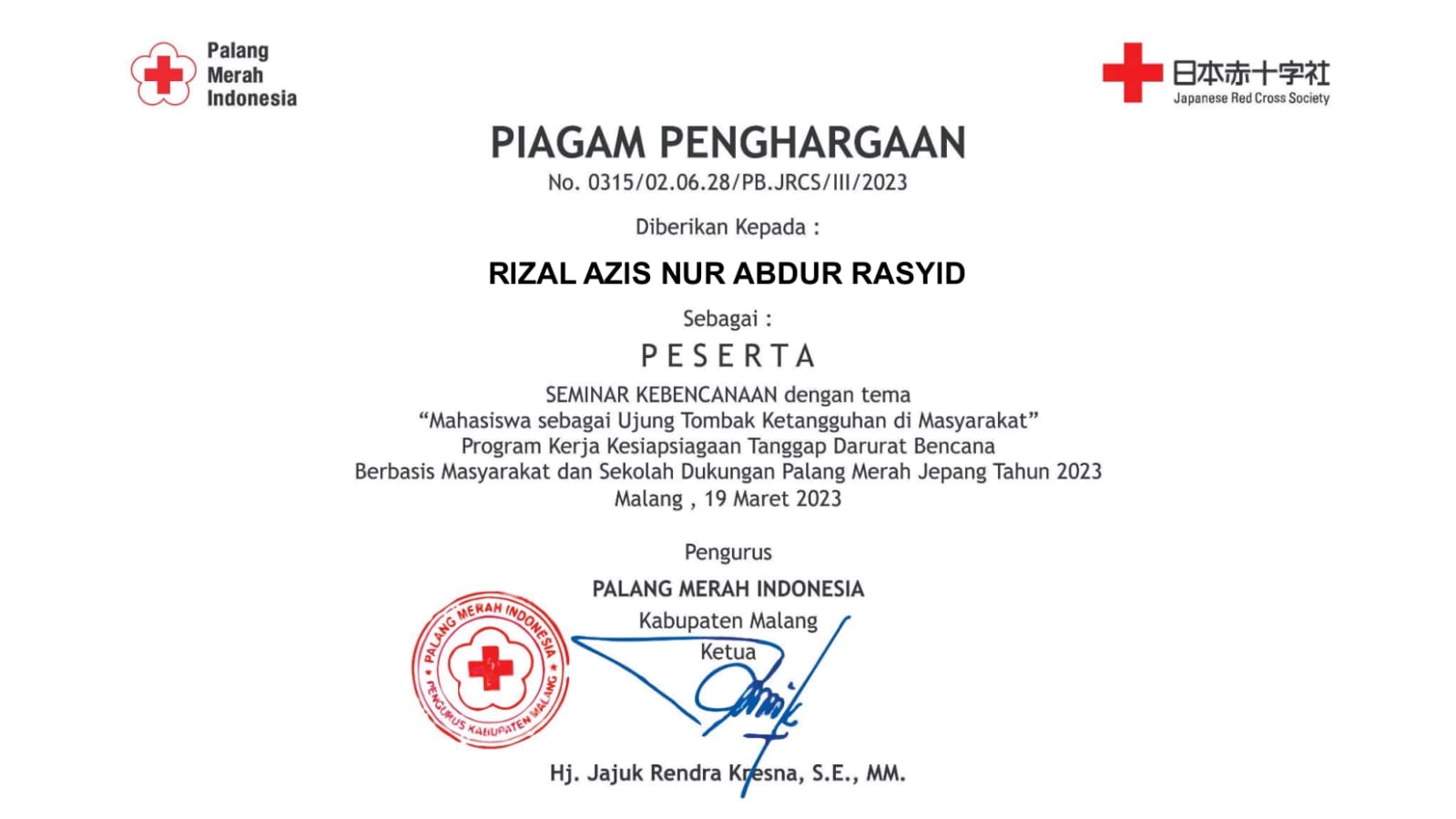 Sertifikat Seminar PMI Japan Red Cross