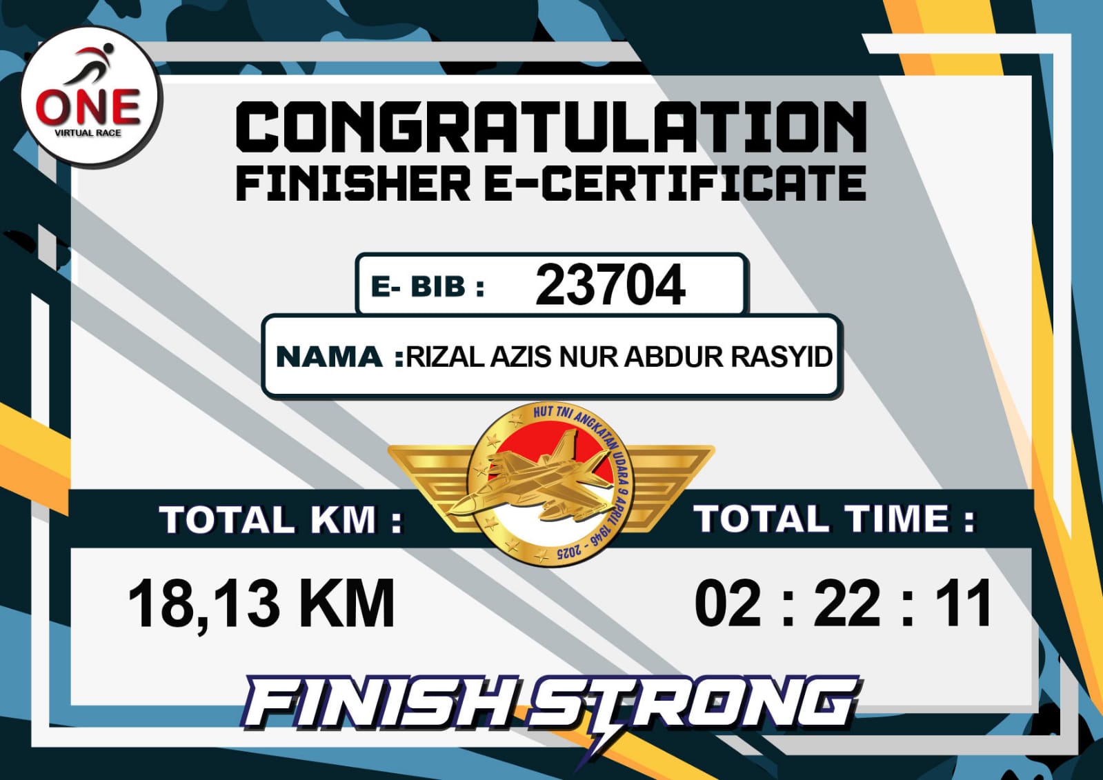 Sertifikat Virtual Run TNI AU