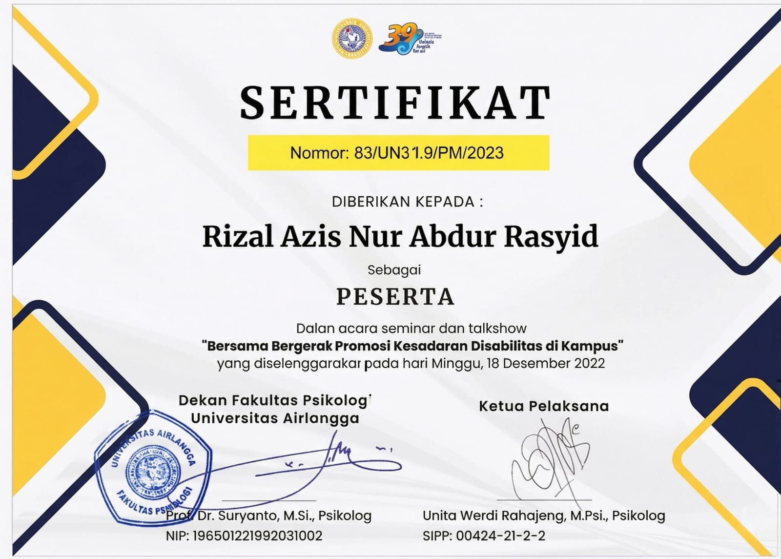 Sertifikat Seminar Psikologi UNAIR